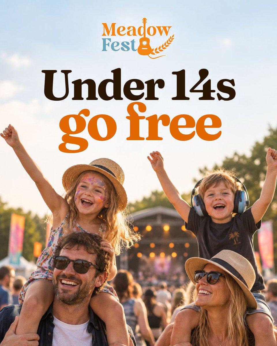 meadowfestlive's tweet photo. Bring the whole crew, under 14s go free at Meadow Fest.
A real family festival, built for parents and kids to enjoy together, from face paint and shoulder rides to the music itself.
#MeadowFest2027 #FamilyFestival #UKFestival #Buckinghamshire #KidsGoFree https://t.co/S6lgsd5uG9