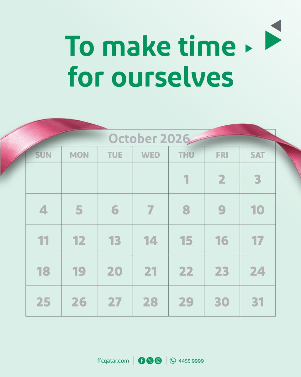 ffc_qatar's tweet photo. This Breast Cancer Awareness Month, let the pink ribbon be a reminder to make time for yourself, start the conversation about your health, and take the next step. Book your screening today. https://t.co/jZrEGYPWJm
