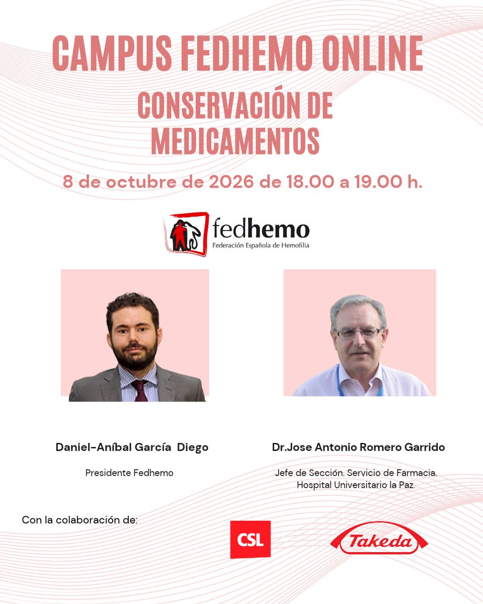 fedhemo's tweet photo. 📢 ¡HOY tenemos una cita!

💊 Campus Fedhemo: conservación de medicamentos

🕕 8 de octubre , 18:00 – 19:00 h
💻 Online
👉 ¿Todavía no te has inscrito? ¡Aún estás a tiempo!
🔗 Inscríbete aquí: https://t.co/0l1O5VDOxJ

¡Te esperamos! ❤️

#CampusFedhemo #Fedhemo #Hemofilia #Coagulopatías #Formación #Salud