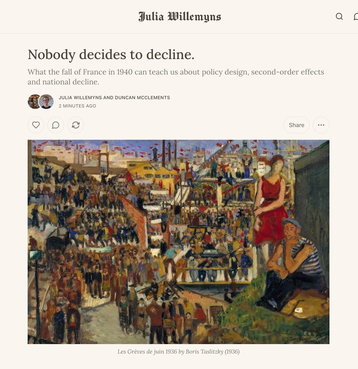 jujulemons's tweet photo. Listen up, freaks: we’ve got AI, labour law, being rude about the French, and the Nazis ALL IN ONE piece. What else could you ask for?

New essay with @DuncanMcClement on what the fall of France in 1940 can teach us about policy design, second-order effects and national decline.

https://t.co/flAm2SS4K3