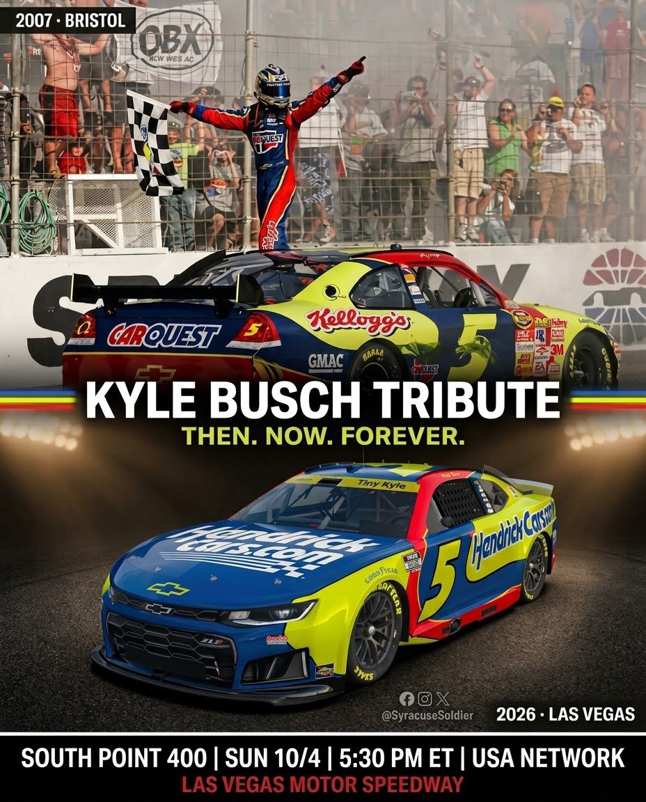 SyracuseSoldier's tweet photo. 🏁💛💙 Tiny Kyle carries the legacy. Larson rolls out the #5 Kyle Busch tribute in KB's hometown, Las Vegas, Sunday in the Chase 🙏🔥

#KyleBusch #KyleLarson #NASCAR #CupSeries #LasVegas #SouthPoint400 #TheChase #HendrickMotorsports https://t.co/7va5pY2b1c