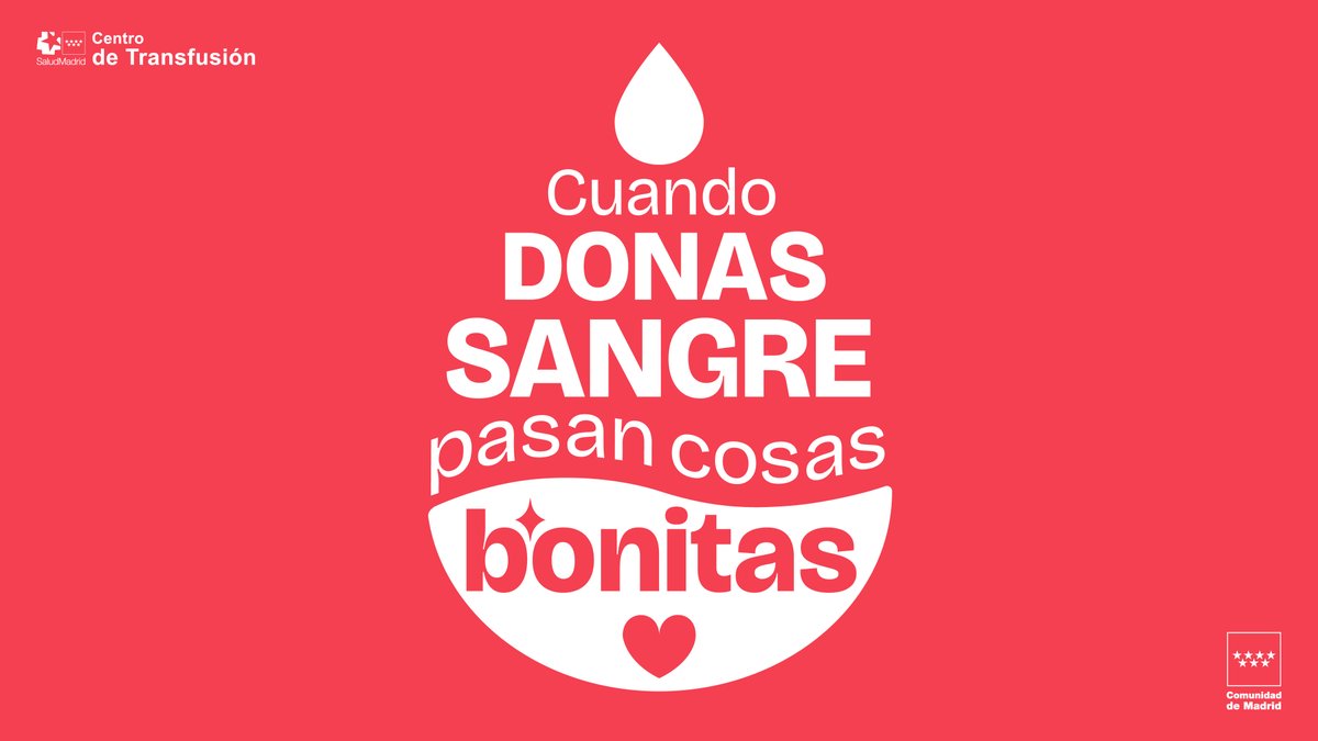 Madridonasangre's tweet photo. ❤️ Cuando donas sangre pasan cosas bonitas...

👉 La sangre es necesaria para tratar distintos tipos de cáncer,  intervenciones quirúrgicas, trasplantes de órganos, accidentes, hemorragias, quemaduras...

❤️ Anímate a #donarsangre y #salvavidas

📲 https://t.co/CKgrS2KAxR https://t.co/ob8nGHqEuM