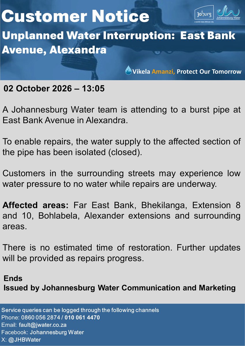 Official Johannesburg Water notice