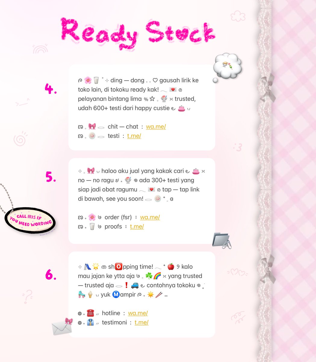 wordinh's tweet photo. ⠀
𝑡𝑎𝑝 𝑟𝑒𝑝𝑜𝑠𝑡 𝑗𝑢𝑠𝑒𝑦𝑜  ♡%

⭐️🌸  freshly stocked  ..  < WORDING PROMOSI >  🛝🍎  only 5.500 coins / each!  🍀👔  come knock my dm to adopt yaa, dear!  🎀🥛 theme : kidcore colorful &amp;&amp;. cutesy pinky!  🍧👛

rs ready stock #bealanja https://t.co/kViJdG55tX