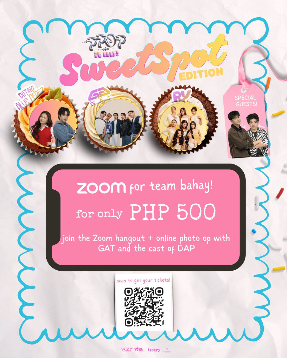 VivaArtists_'s tweet photo. PPOP IT UP: Sweetspot Edition is happening this October 10! 🍭

Here’s your chance to get closer to your faves with exclusive photo ops and special perks featuring RabGel, Zeke, Mico, GAT, and RAYA! 🫶

For Team Bahay, we got you! You can join the Zoom hangout + online photo op with GAT and the cast of Dating Alys Perez for only ₱500! ✨

🎟️ GET YOUR TICKETS NOW! Scan the QR code or click this link: https://t.co/MiWTRyaYLB

📍 Viva Cafe, Araneta City
📆 October 10, 2026
🕒 Show starts at 8:00 PM

#PPopItUpSweetSpot #DatingAlysPerez #GAT #RAYA #PPopItUp