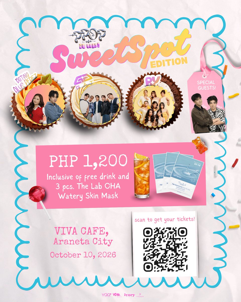 VivaArtists_'s tweet photo. PPOP IT UP: Sweetspot Edition is happening this October 10! 🍭

Here’s your chance to get closer to your faves with exclusive photo ops and special perks featuring RabGel, Zeke, Mico, GAT, and RAYA! 🫶

For Team Bahay, we got you! You can join the Zoom hangout + online photo op with GAT and the cast of Dating Alys Perez for only ₱500! ✨

🎟️ GET YOUR TICKETS NOW! Scan the QR code or click this link: https://t.co/MiWTRyaYLB

📍 Viva Cafe, Araneta City
📆 October 10, 2026
🕒 Show starts at 8:00 PM

#PPopItUpSweetSpot #DatingAlysPerez #GAT #RAYA #PPopItUp