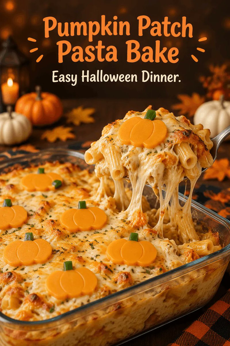 thebriskbite's tweet photo. This Halloween dinner looks way harder than it is. 🎃

Creamy pasta bake + little cheese pumpkins on top. Make it the day before, bake it before trick-or-treating, done.

The trick to keeping the pumpkins from melting is all in the timing.

Details below
#HalloweenRecipes https://t.co/n71jeqev89