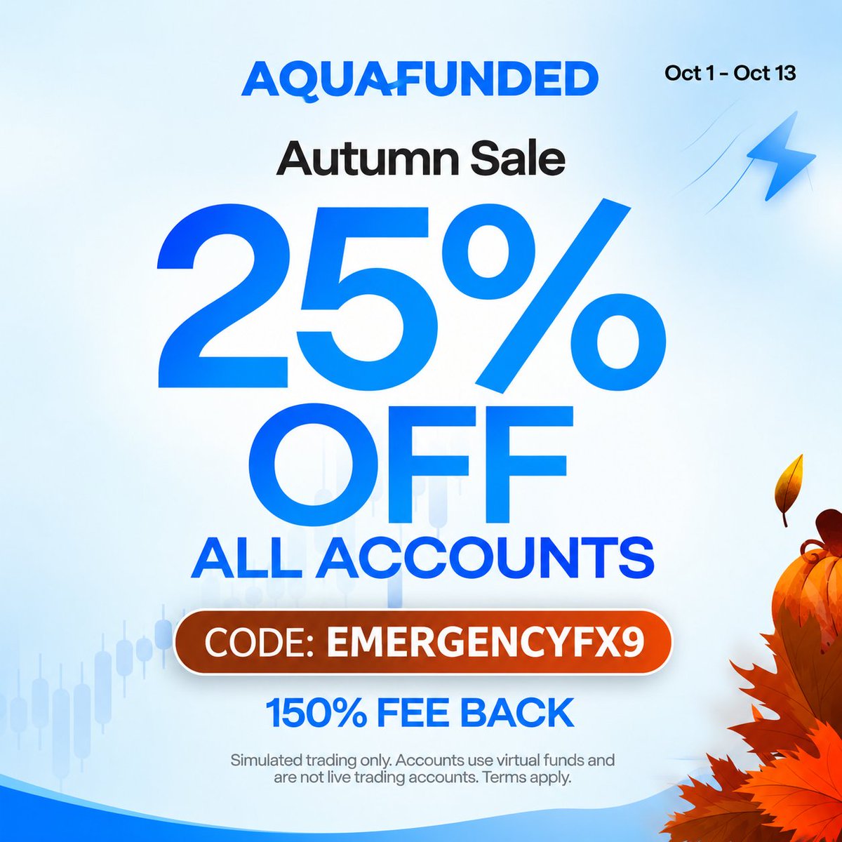 EMERGENCYFX9's tweet photo. 🍂 @AquaFunded Autumn Sale is LIVE! 🌊

🔥 25% OFF ALL ACCOUNTS
💰 Get funded with accounts starting from just $15
🎁 150% Fee Back
🏷️ Use my code: https://t.co/AIf2Qdh0gN

📅 Oct 1 – Oct 13

Don’t miss the offer. Trade smarter! 🚀

#AquaFunded #PropFirm #Forex #Trading https://t.co/6jnBUB8DUR