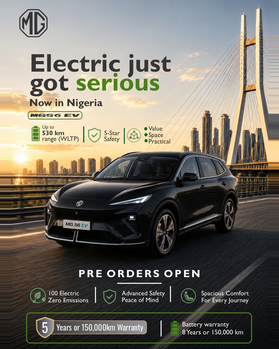 mgmotornigeria's tweet photo. The MG S6 EV brings together up to 530km of driving range (WLTP), advanced safety, spacious comfort and innovative electric performance for a driving experience designed around you.
#MGMotorsNigeria #MGMotor #MorrisGarages #MGS6EV #ElectricVehicles #DriveMG #ElectricMobility https://t.co/jOUnTxC5y6