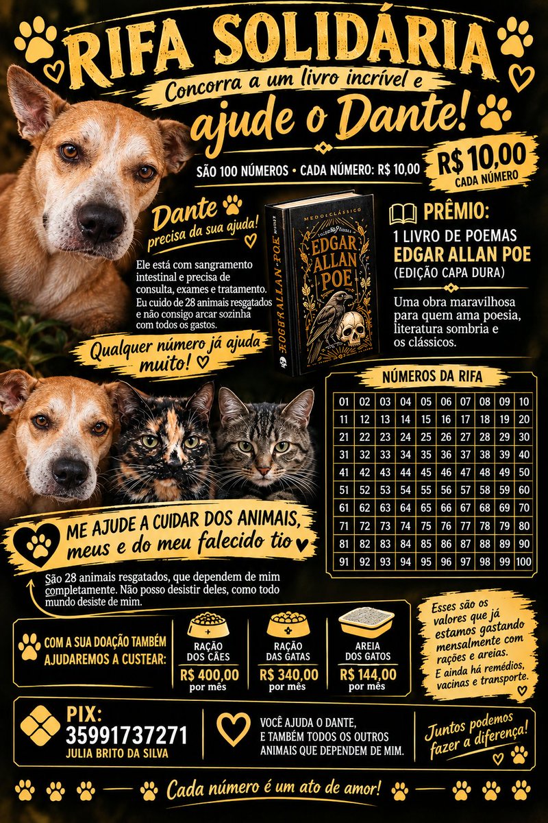 28bebesajuda's tweet photo. oláaaa! rifinha criada para ajudar no tratamento do dante e na compra das coisinhas dos meus 28 resgatados. por favor, rt!
cada número é 10 reais do livro e 5 dos produtos de beleza!

pix: 35991737271 https://t.co/ussovuQkLM