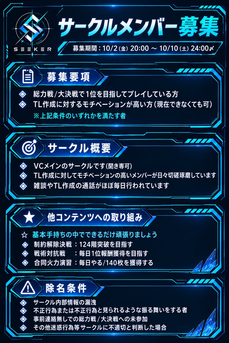 lose_my_temper_'s tweet photo. サークル「Seeker」を設立します。設立に伴い、初期メンバーを公募します。 

 Seekerでは"総力戦/大決戦で1位を目指してプレイしている方"または"TL作成に対するモチベーションが高い方"を募集しています！ 詳細は画像をご確認ください。

興味ある方は@lose_mytemperまでDMお願いします🙇‍♀️ https://t.co/L4qZBJMTWs