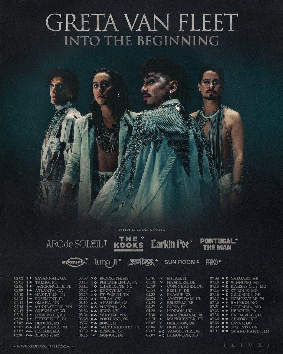 GretaVanFleet's tweet photo. The palace breathes open. "Into The Beginning," the 2027 World Tour. EU pre-sale starts 10/7, public on-sale 10/9. North America pre-sale starts 10/13, public on-sale 10/15.

All ticket prices are fixed and will not change during the pre-sale or on-sale, and there will be no platinum or dynamically priced tickets.  

Optional VIP Packages with additional experiences and exclusive merchandise will be available in North America only.

Sign up for pre-sale access and all info at https://t.co/4DnkDjC3nY