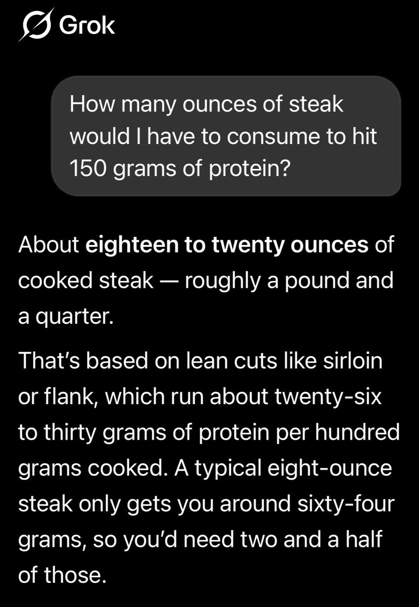 BDPatriotFL's tweet photo. @hannahapexfit Be aware of just how challenging and expensive it is to consume 150 grams of protein per day. I use the “Lose It!” app to log protein intake and struggle to reach 140 grams per day. 

See below for an example of how much steak to consume in a day to hit the 150 mark: https://t.co/zqmc5fd030