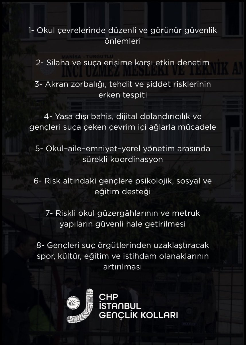 ArasENGEZ's tweet photo. Okullarımız çocuklarımızın evi, öğrenim yuvalarıdır.
Okullarda silah sesleri değil, çocukların gülüş seslerini duymak istiyoruz!

Ve buradan Milli Eğitim Bakanlığı’na #Soruyoruz 

Okullarımızın güvenli hale getirilmesi için hangi çalışmalar yürütülüyor?

Öğrencilerimizin, öğretmenlerimizin ve eğitim emekçilerimizin güvenliği için ne zaman, hangi somut adımlar atılacak?

Her okulun güvenli, her çocuğun özgürce eğitim alabileceği bir ortam olması için acil ve kapsamlı önlemler hayata geçirilmelidir.

İstanbul Gençlik Kolları olarak soruyoruz, takip ediyoruz, çözüm istiyoruz.

📍 Taksim meydan 
📍 Beşiktaş meydan 

Çocuklarımızın güvenliği ertelenemez!
Bu konu ile ilgili ACİL MÜDAHALE, HEMEN ÖNLEM istiyoruz.