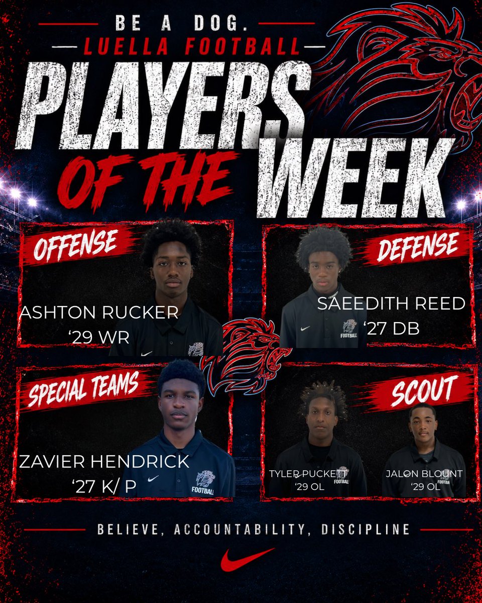 Luella_FB's tweet photo. 🐾 PLAYERS OF THE WEEK 🐾
4️⃣ Dogs. ☝🏾 Standard.
🏈 OFF: Ashton Rucker
🛡️ DEF: Saeedith Reed
⚡ SPT: Zavier Hendrick
💪 SCOUT: Tyler Puckett & Jalon Blount
BELIEVE. ACCOUNTABILITY. DISCIPLINE.
#BeADog #LuellaFootball #PlayersOfTheWeek #TogetherToughDisciplined #LuellaLions https://t.co/67a0sp0T7P