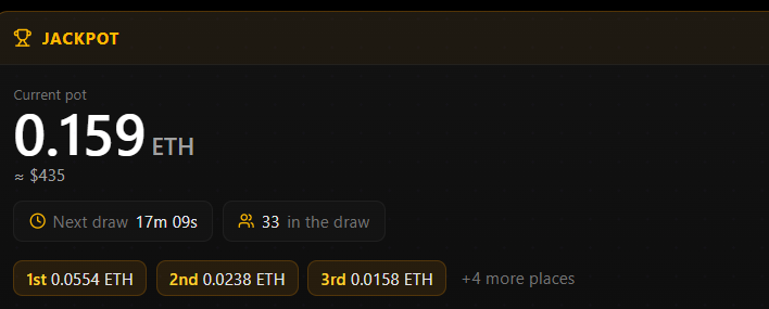 JackpotTokenRH's tweet photo. The Jackpot is growing.

Now at .159 Eth.  

Jackpot drawings are automatic and happen every 30 minutes.  

First Jackpot will be 30 min after the time we went live.

Good luck!  💰 https://t.co/ux3En1DAHE
