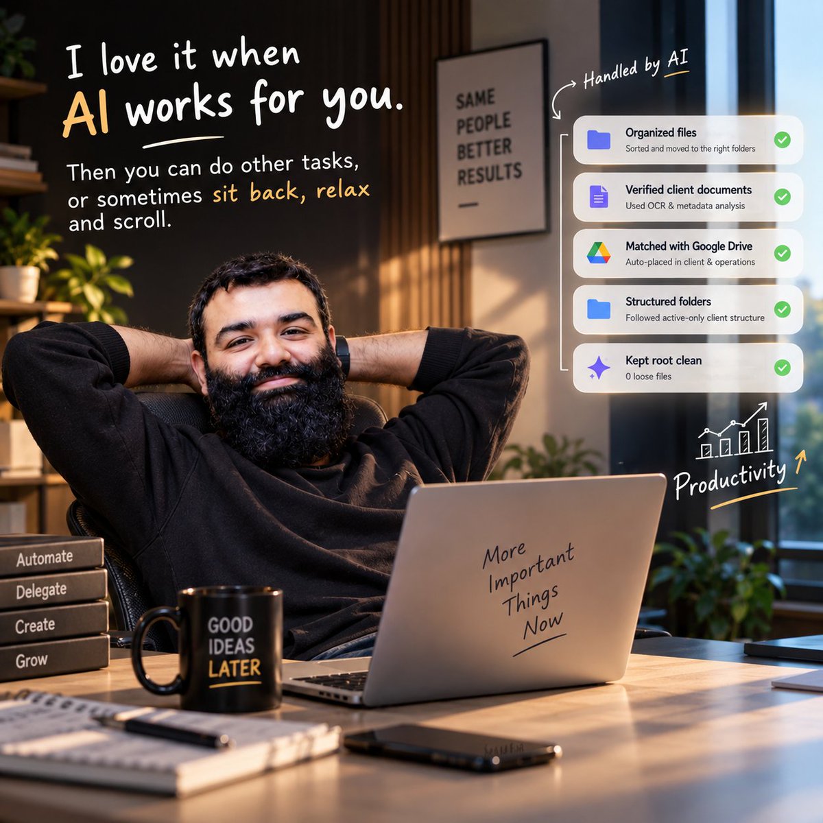 MrManagerHQ's tweet photo. I love it when AI works for you. Then you can do other tasks, or sometimes sit back, relax and scroll.

Productivity 📈

#AI #AI4Business https://t.co/GvoXaWM9Th