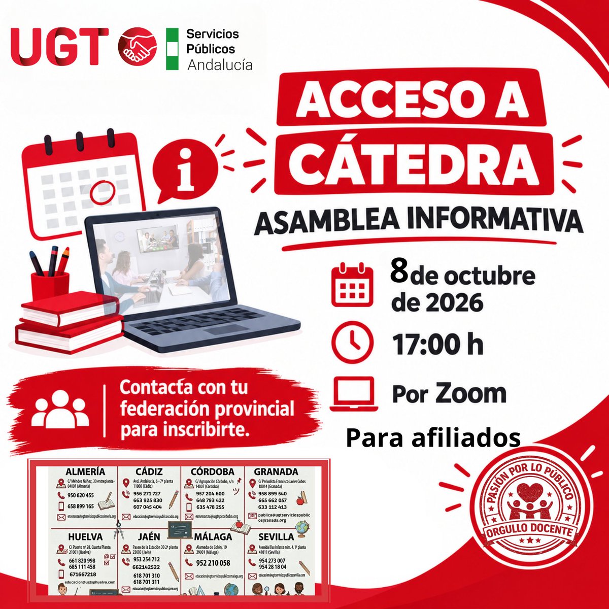 UGTEducaAnd's tweet photo. 🔴 ¿Tienes dudas sobre la solicitud del acceso a cátedra? Desde UGT realizamos una asamblea informativa para aclararlas https://t.co/dfvNL00byo