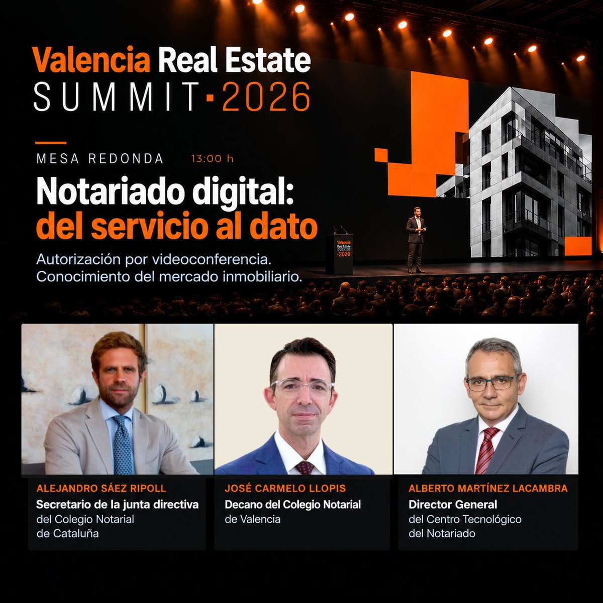 CTNotariado's tweet photo. 📅 ¡Este sábado estaremos en el Valencia Real Estate Summit 2026!

👥 Participaremos en la mesa redonda «𝐍𝐨𝐭𝐚𝐫𝐢𝐚𝐝𝐨 𝐝𝐢𝐠𝐢𝐭𝐚𝐥: 𝐝𝐞𝐥 𝐬𝐞𝐫𝐯𝐢𝐜𝐢𝐨 𝐚𝐥 𝐝𝐚𝐭𝐨», que tendrá lugar a las 13:00 h.

➡️ Moderada por @josecarmelollb, decano del @ColNotVal, junto al notario Alejandro Sáez Ripoll y nuestro director general @albertmlacambra, para abordar las actuaciones notariales a distancia y el potencial del @penotariado. 

¡Te esperamos! 👋🏼