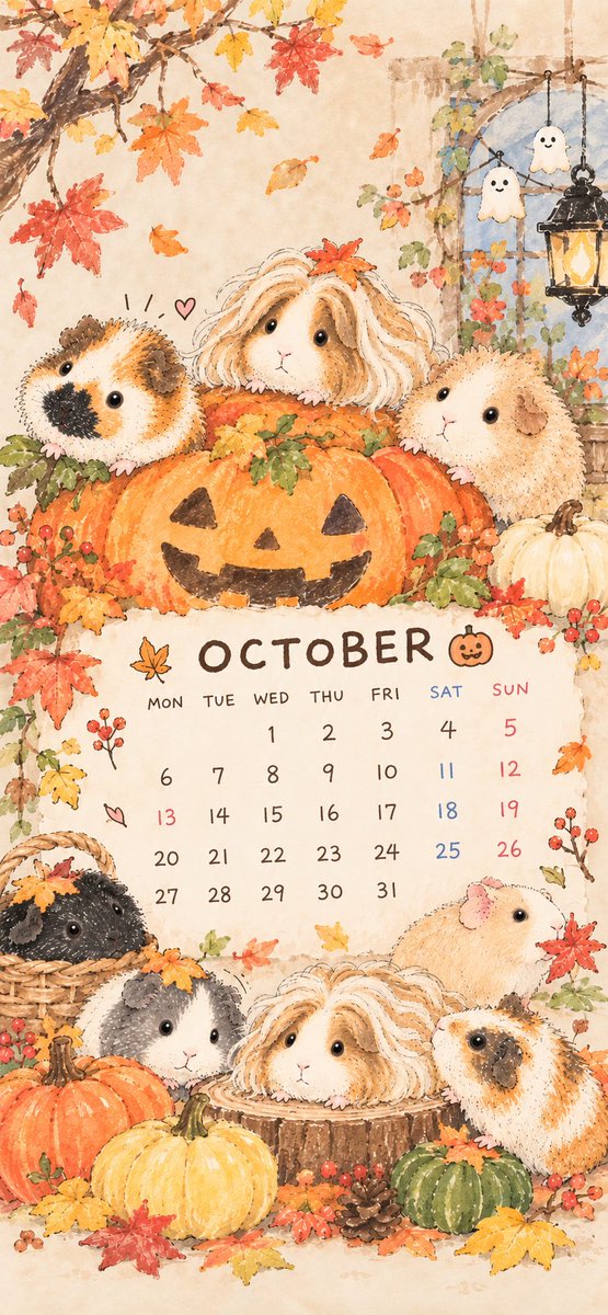 smitomorara's tweet photo. 10月のカレンダーつくりました🍁🎃
待ち受けにも使えるように、やさしい秋色でまとめてみました🐹🤎

#モルモット #guineapig #10月カレンダー https://t.co/SXbVUmFWoW