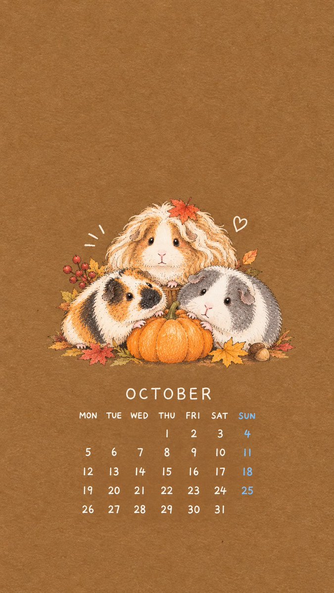smitomorara's tweet photo. 10月のカレンダーつくりました🍁🎃
待ち受けにも使えるように、やさしい秋色でまとめてみました🐹🤎

#モルモット #guineapig #10月カレンダー https://t.co/SXbVUmFWoW