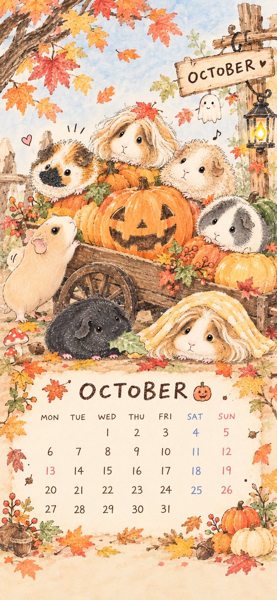 smitomorara's tweet photo. 10月のカレンダーつくりました🍁🎃
待ち受けにも使えるように、やさしい秋色でまとめてみました🐹🤎

#モルモット #guineapig #10月カレンダー https://t.co/SXbVUmFWoW