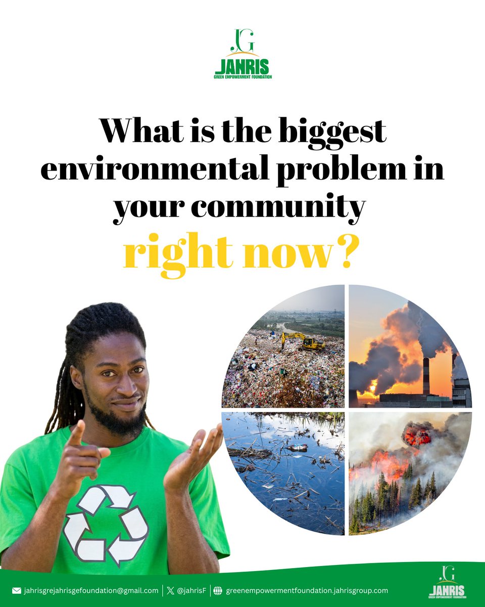 JahrisF's tweet photo. 🌍 Quick question: 
What’s the biggest environmental problem in your community right now?  

Plastic waste? Flooding? Pollution? Something else?  

Tell us. ����  

#JGEF #Environment #ClimateAction https://t.co/fwwT6JqKiR