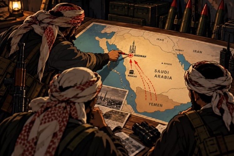 Fun4Raed's tweet photo. You can hide behind slogans and propaganda all you want.

But threatening Madinah tells the world exactly what the Houthis really are.

#الا_رسول_الله_ياحوثي https://t.co/6VR37fX6me