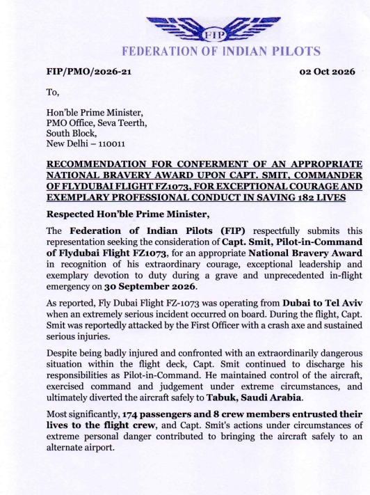 ANI's tweet photo. The Federation of Indian Pilots requests the Prime Minister's Office to kindly consider flydubai pilot Captain Smit Machchhar for an appropriate National Bravery Award / national civilian recognition, in accordance with the applicable Government of India provisions and after due verification of the facts by the competent authorities.