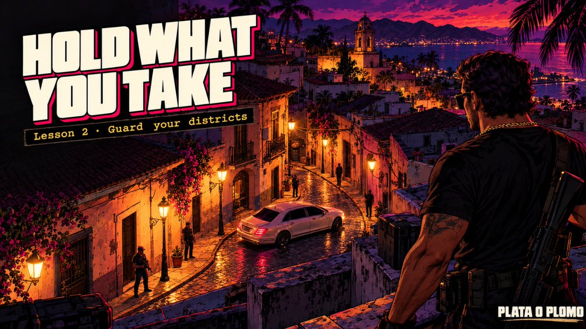 PlayPlataPlomo's tweet photo. A hard lesson in Plata o Plomo: don't grab what you can't hold.

Every district you take, La Viuda wants back. Keep your strongest muscle at home as a guard. A district with nobody watching it is a gift to her. https://t.co/EfUbnZFLG5