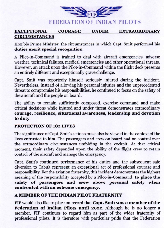 ANI's tweet photo. The Federation of Indian Pilots requests the Prime Minister's Office to kindly consider flydubai pilot Captain Smit Machchhar for an appropriate National Bravery Award / national civilian recognition, in accordance with the applicable Government of India provisions and after due verification of the facts by the competent authorities.