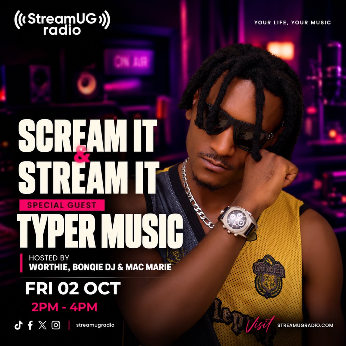 StreamUGRadio's tweet photo. Typer Music is taking over Scream It, Stream It! 🎙️🔥
Tune in today, 2PM–4PM, on StreamUG Radio.
Your life. Your music. 💜
#ScreamItStreamIt #TyperMusic #StreamUGRadio #StreamUG #UgandanMusic @TyperMusic @BonqieDj https://t.co/xkREre2Ehn