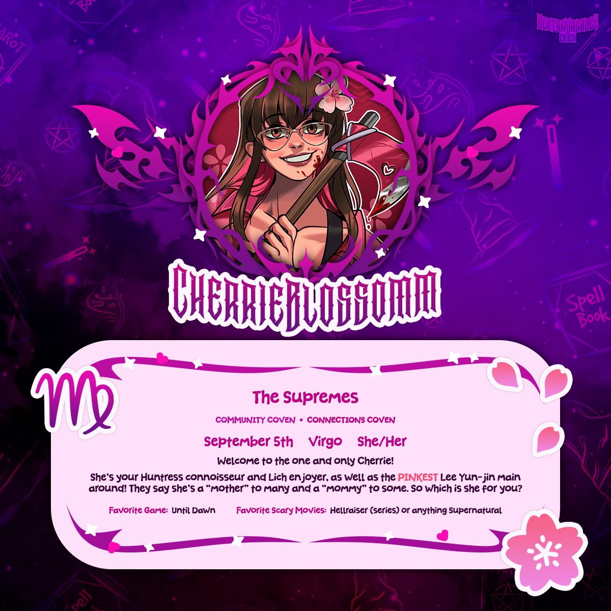 HEXTRACOVEN's tweet photo. The trees have whispered a sweet lullaby… 

Meet @CherrieBlossomx, who charges a fury orbital with Huntress. Don’t worry, while she’s a pink highlighter in a bush, she’ll still there to save you… or simply distract killer for you in DBD. :3

🔗 Check out their socials below: https://t.co/H0lG5cKcpC
