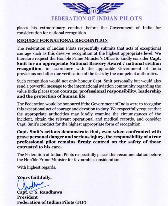ANI's tweet photo. The Federation of Indian Pilots requests the Prime Minister's Office to kindly consider flydubai pilot Captain Smit Machchhar for an appropriate National Bravery Award / national civilian recognition, in accordance with the applicable Government of India provisions and after due verification of the facts by the competent authorities.