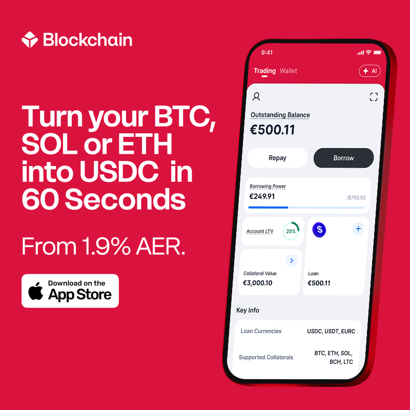 blockchain's tweet photo. Borrow USDC with your BTC, SOL or ETH as collateral. Rates from 1.9%.