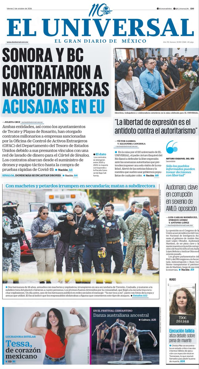 LuisCardenasMx's tweet photo. 📰 Del huachicol a Torreón: así amanecen las portadas nacionales

Los diarios de este viernes 2 de octubre abren con una agenda cargada: Reforma destaca que el SAT devolvió 13% menos de IVA y lleva a portada el asesinato de una subdirectora en una secundaria de Torreón; El Universal revela contratos de Sonora y Baja California con empresas sancionadas por EU y también destaca el ataque en Coahuila.

Milenio lleva como principal la entrevista con Ernesto Ruffo sobre la empresa señalada por huachicol fiscal, mientras La Jornada abre con documentos sobre la actuación de la CIA antes de la matanza del 68 y destaca la reaparición de AMLO.

Estas son las portadas de hoy.