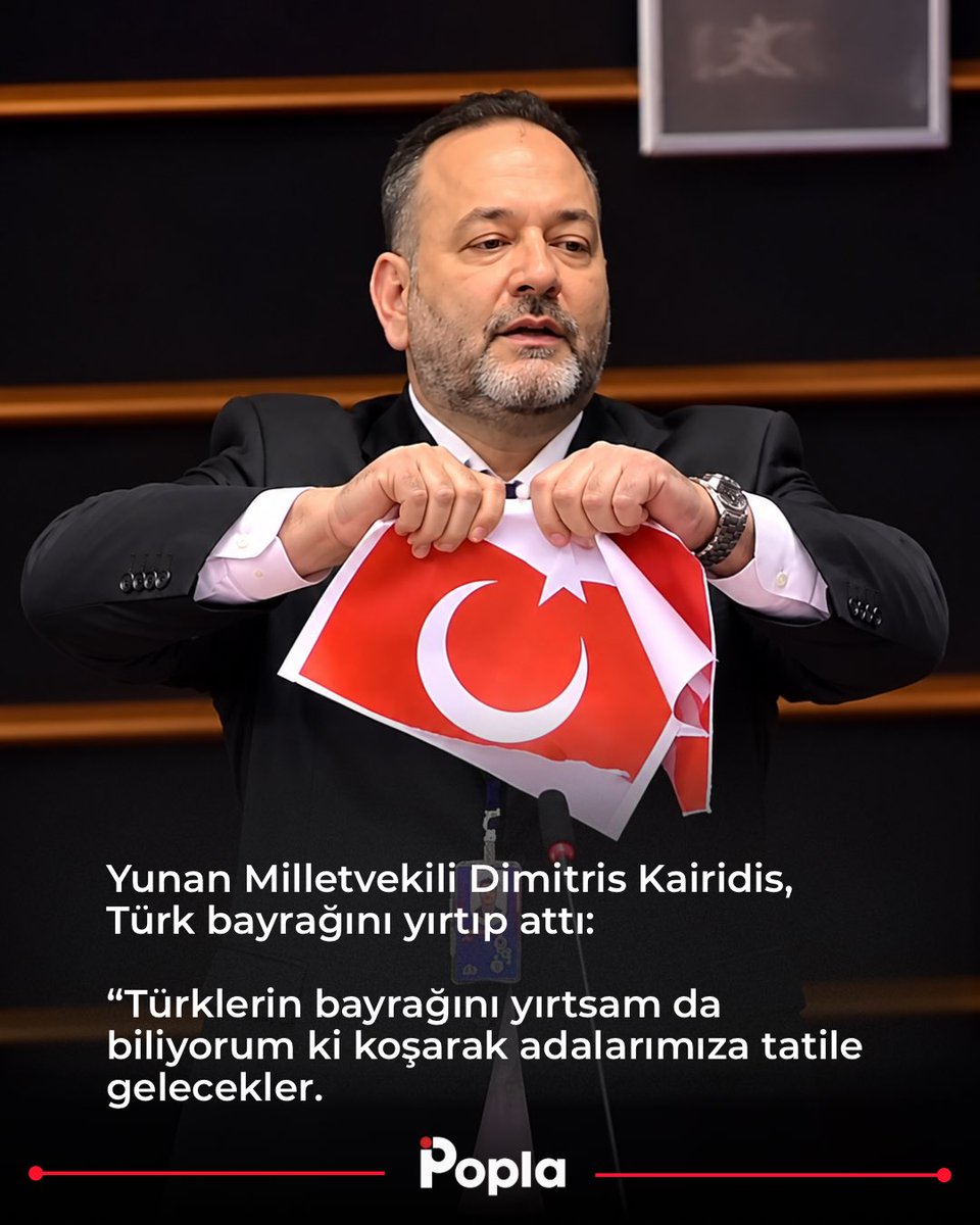 poplatv's tweet photo. Yunan Milletvekili Dimitris Kairidis, Türk bayrağını yırtıp attı:

“Türklerin bayrağını yırtsam da biliyorum ki koşarak adalarımıza tatile gelecekler.

Ucuz uzo, ucuz kalamar büyüktür milli şuur.

Yaşasın Türkler sayesinde zenginleşen Midilli, Sakız, Sisam, Rodos ve diğerleri.” https://t.co/N9SlSKlQRA