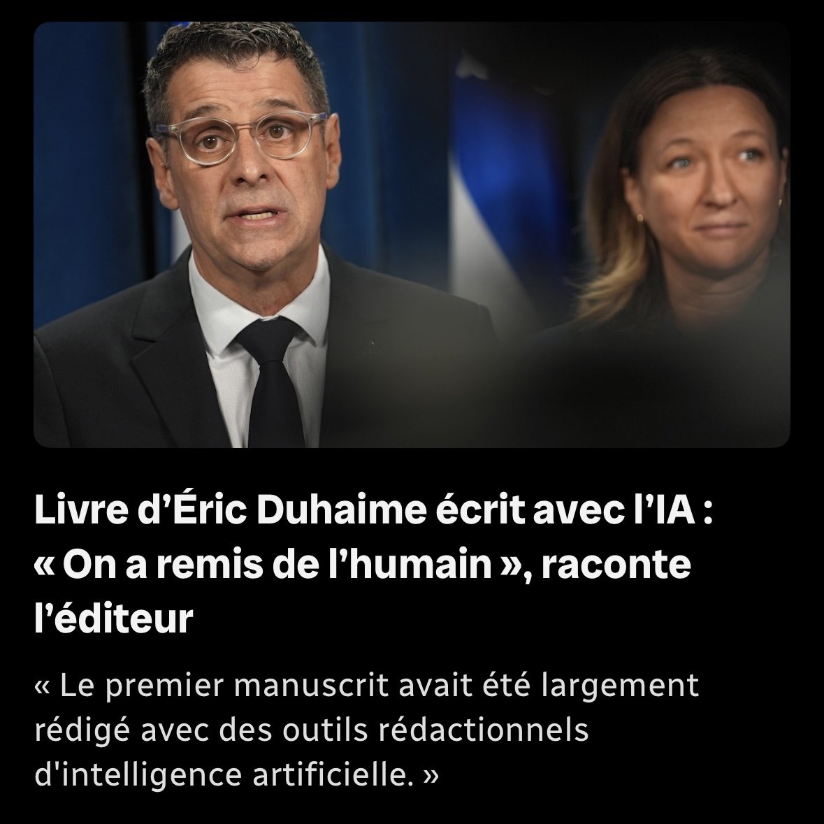 ThomasGerbet's tweet photo. La maison d'édition d’Éric Duhaime assume l'utilisation de l'intelligence artificielle pour écrire le livre du chef conservateur. L'éditeur de Libre Média Jérôme Blanchet-Gravel estime que « l'écriture 100 % humaine est appelée à disparaître » 👉 https://t.co/BqJfycq65e https://t.co/DkbWhgLJFc