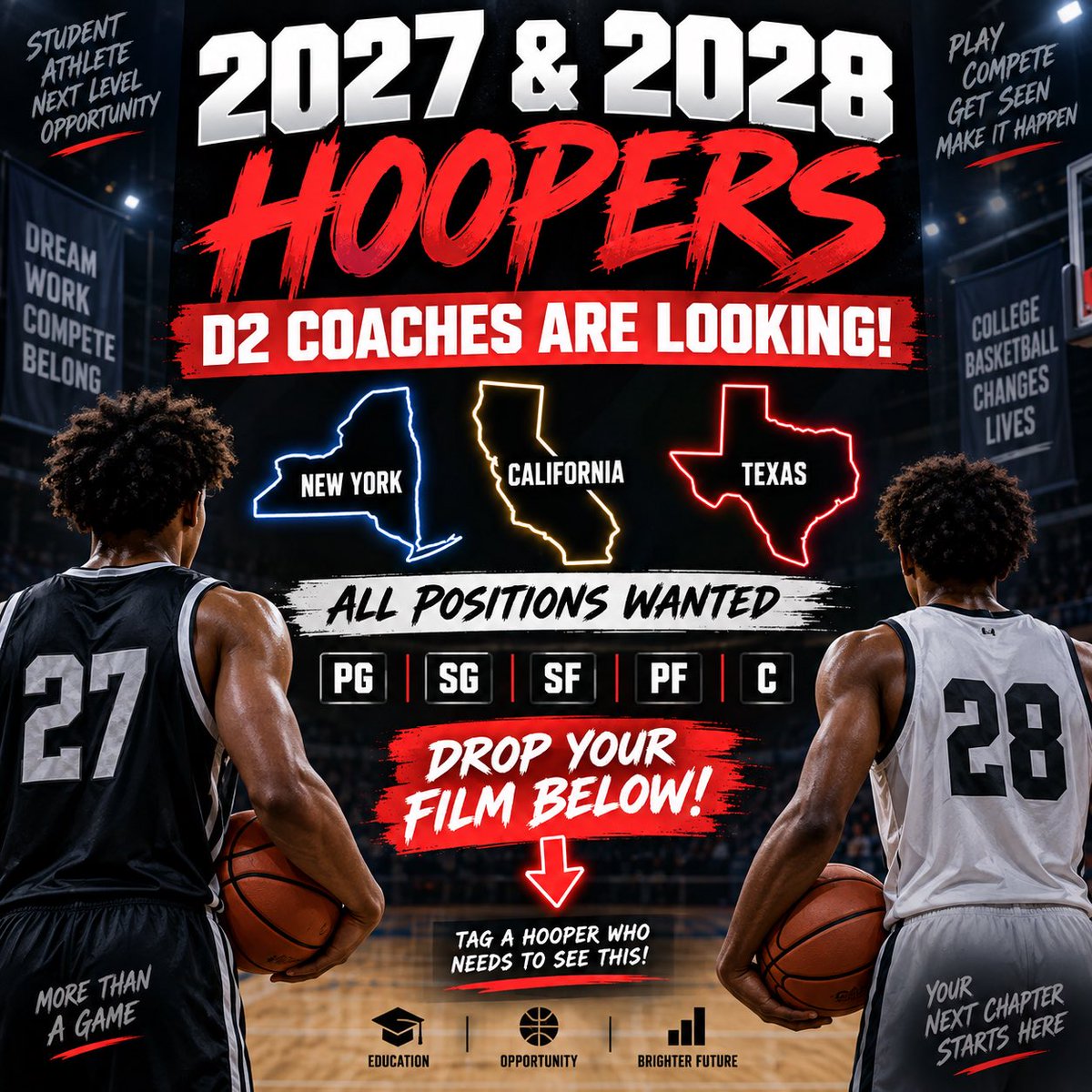 Grind2scholars's tweet photo. Class of 2027/28 🏀 

This is your opportunity to be seen by 100s and 100s of coaches 🚨

Leave your information and highlights below for coaches to see!!!

(Like and retweet so we can get this seen by as many players and coaches as possible)

⬇️⬇️⬇️⬇️ https://t.co/oJEBsIIpWZ