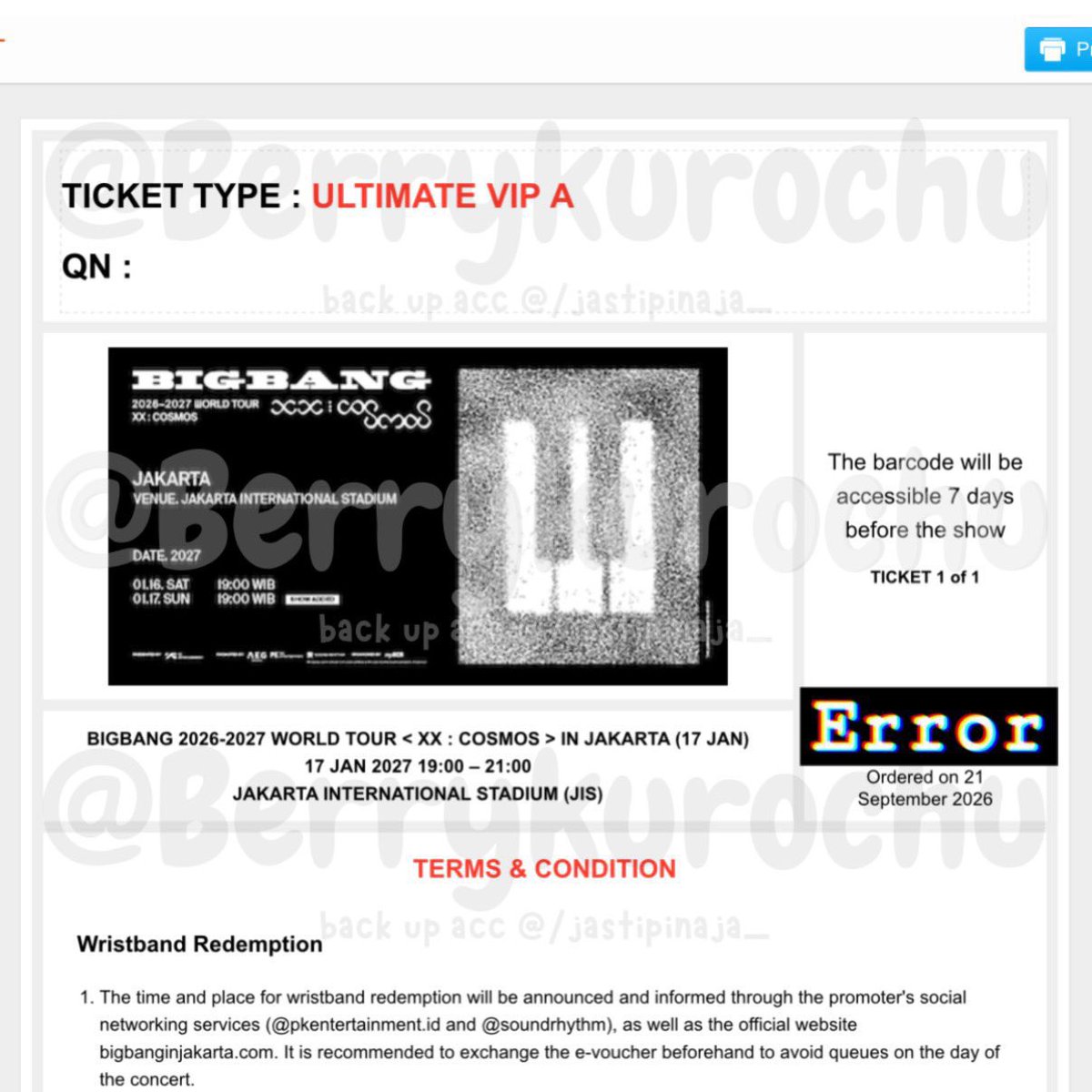 berrykurochu's tweet photo. WTS 
Ticket BIGBANG 2026-2027 WORLD TOUR < XX : COSMOS > IN JAKARTA
Additional Show
V.I.P Bstage Membership Presale

Section Ultimate VIP A

QN 1x (under 20)
1 Ticket 

💰OVP‼️

proof✅ 
move IG/WA✅ 
dp 70% / full payment✅
accept international buyer✅ https://t.co/faS4vVHb1E