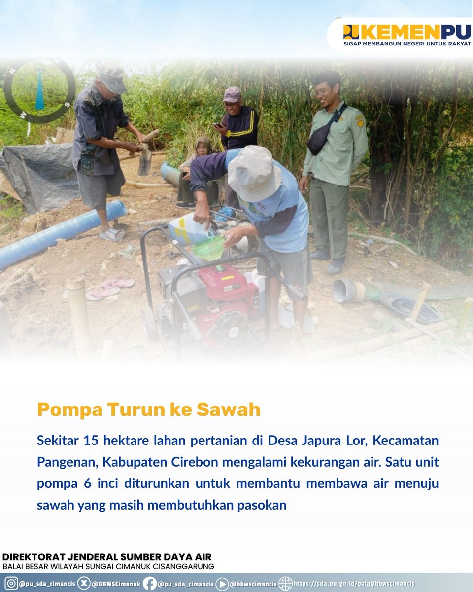 BBWSCimanuk's tweet photo. Sawah di Desa Japura Lor, Kecamatan Pangenan, Kabupaten Cirebon mulai kesulitan air. Pompa bergerak diturunkan untuk membantu mendorong air menuju sekitar 15 hektare lahan pertanian

#sigapmembangunnegeriuntukrakyat
#mengelolaairuntuknegeri
#bersamamenjagaair
#jagaketersediaanair https://t.co/TSJQgO0zQn