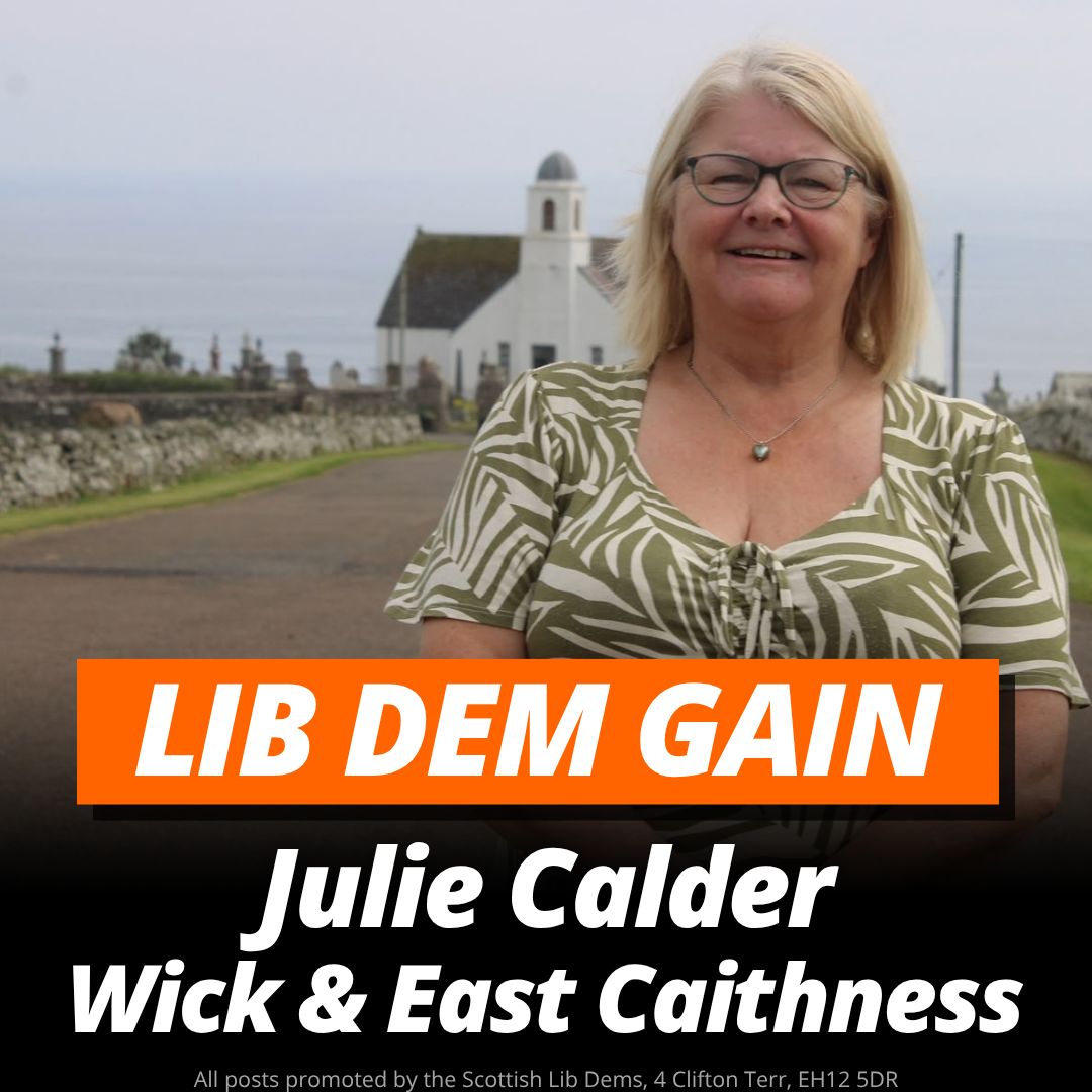 scotlibdems's tweet photo. 🚨 Lib Dem GAIN Wick and East Caithness

Congratulations to our newest councillor Julie Calder!

A stonking victory in the SNP council leader's own ward🔶 https://t.co/myI4OjS63u