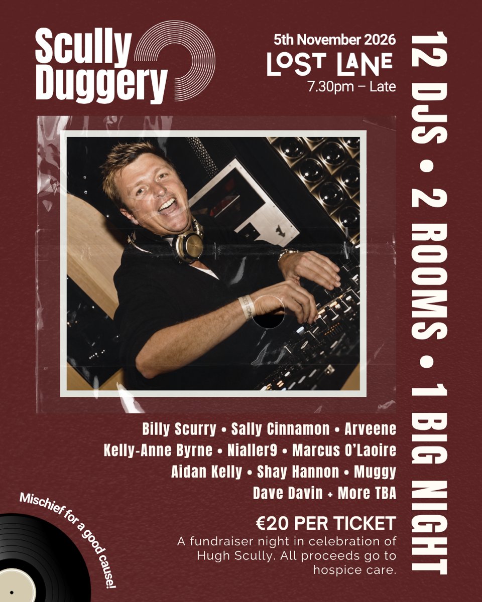 scullyduggery's tweet photo. SAVE THE DATE! 
CELEBRATE HUGH SCULLY

A fundraiser night in celebration of Hugh Scully. 🪩❤️

Thursday 5th November  a night celebrating Hugh the way he deserves - with good people, great tunes and a dancefloor full of smiling, familiar faces.

Follow for tickets &amp; more details! https://t.co/coYnZWZ07H