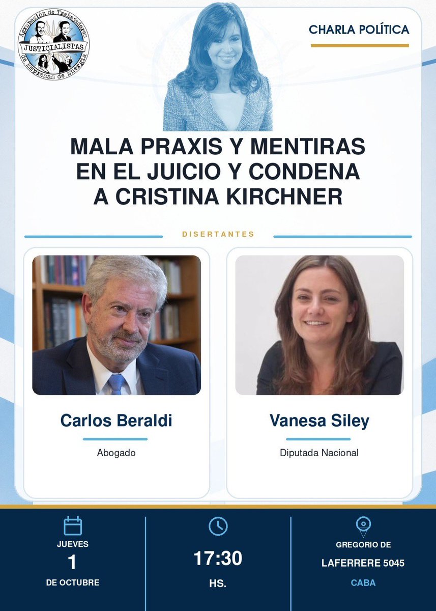 secasfpi's tweet photo. Ayer, #SECASFPI participó de la charla política “Mala praxis y mentiras en el juicio y condena a Cristina Kirchner”, organizada por la Agrupación de Trabajadores Justicialistas de Empresas de Energía, con las exposiciones del Dr. Carlos Beraldi y la diputada nacional @Vsiley 

Durante el encuentro se abordaron las irregularidades denunciadas en torno a la causa y los fundamentos jurídicos cuestionados por la defensa de Cristina.

La libertad de @CFKArgentina es una causa del pueblo. Cristina es inocente, por eso la queremos libre y candidata.