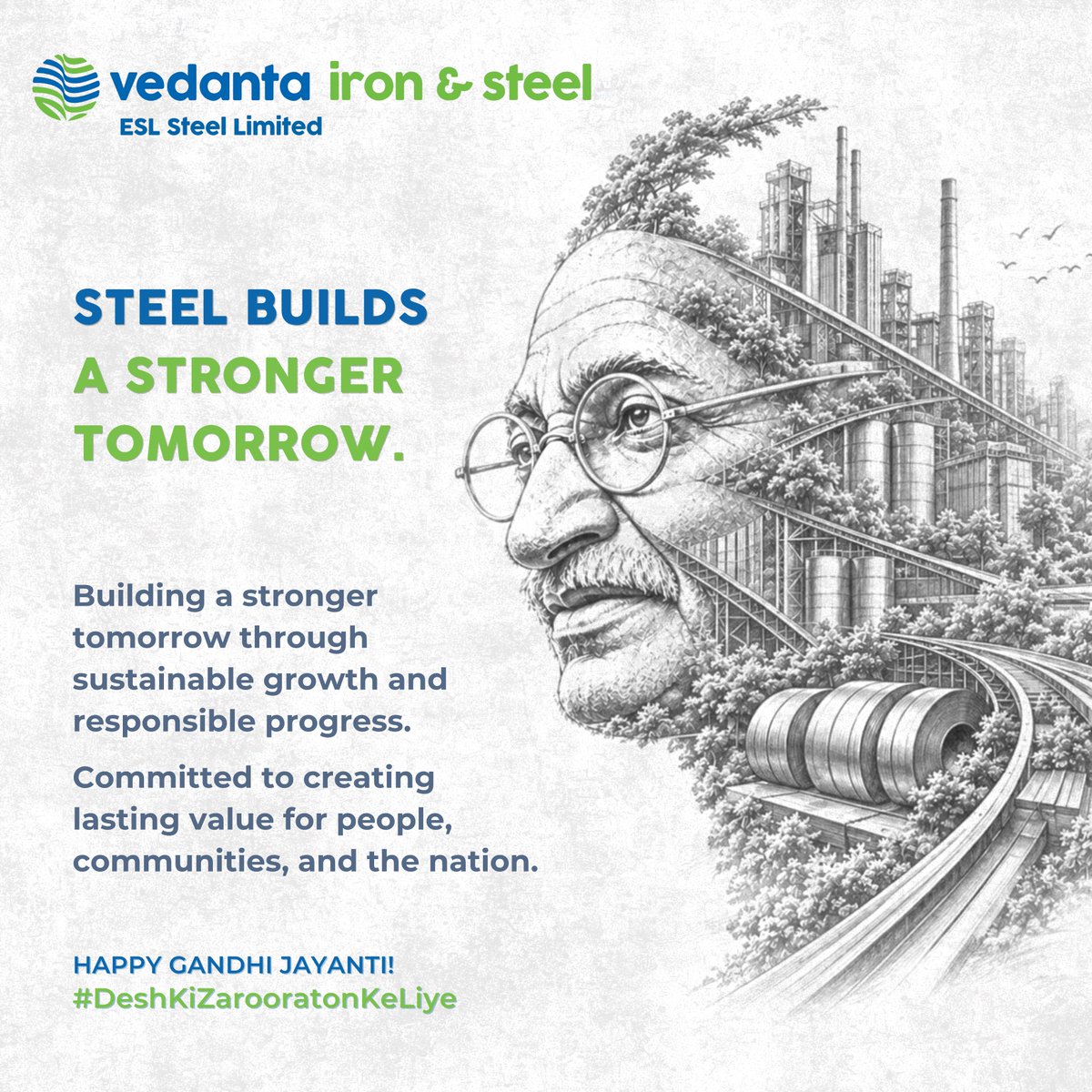 ESLSteelLimited's tweet photo. Building a stronger tomorrow through responsible growth and sustainable progress.

Happy Gandhi Jayanti from ESL!

#TransformingForGood #VedantaGroup #VISL #ESL #GandhiJayanti #DeshKiZarooratonKeLiye https://t.co/pxaG1jrZcU