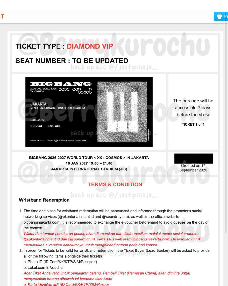 berrykurochu's tweet photo. WTS 
TICKET BIGBANG 2026-2027 WORLD TOUR < XX : COSMOS > IN JAKARTA

Section DIAMOND VIP

• V.I.P Memberships Presale 
1 Ticket 
💰harga asli

proof✅ 
move IG/WA✅ 
full payment✅
send pdf eticket✅ https://t.co/AVPLp7bIDn