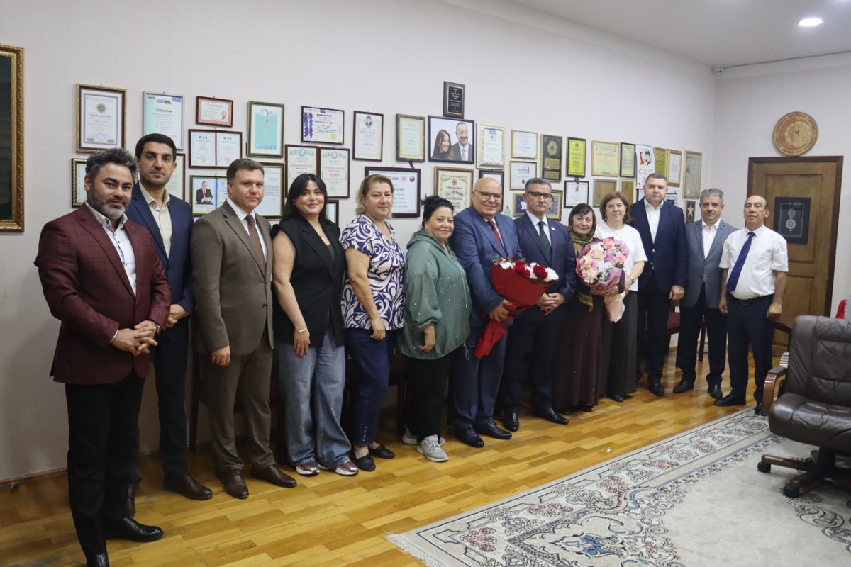 AzRedCrescent's tweet photo. On October 2, 2026, Novruz Aslanov, president of the Azerbaijan Red Crescent Society (AzRCS), along with Society staff, congratulated Deputy Executive Secretary Elshan Salimzadeh and Sona Hajiyeva—an education specialist in the AzRCS Migration Department—on their birthdays. https://t.co/pEThQT6uET