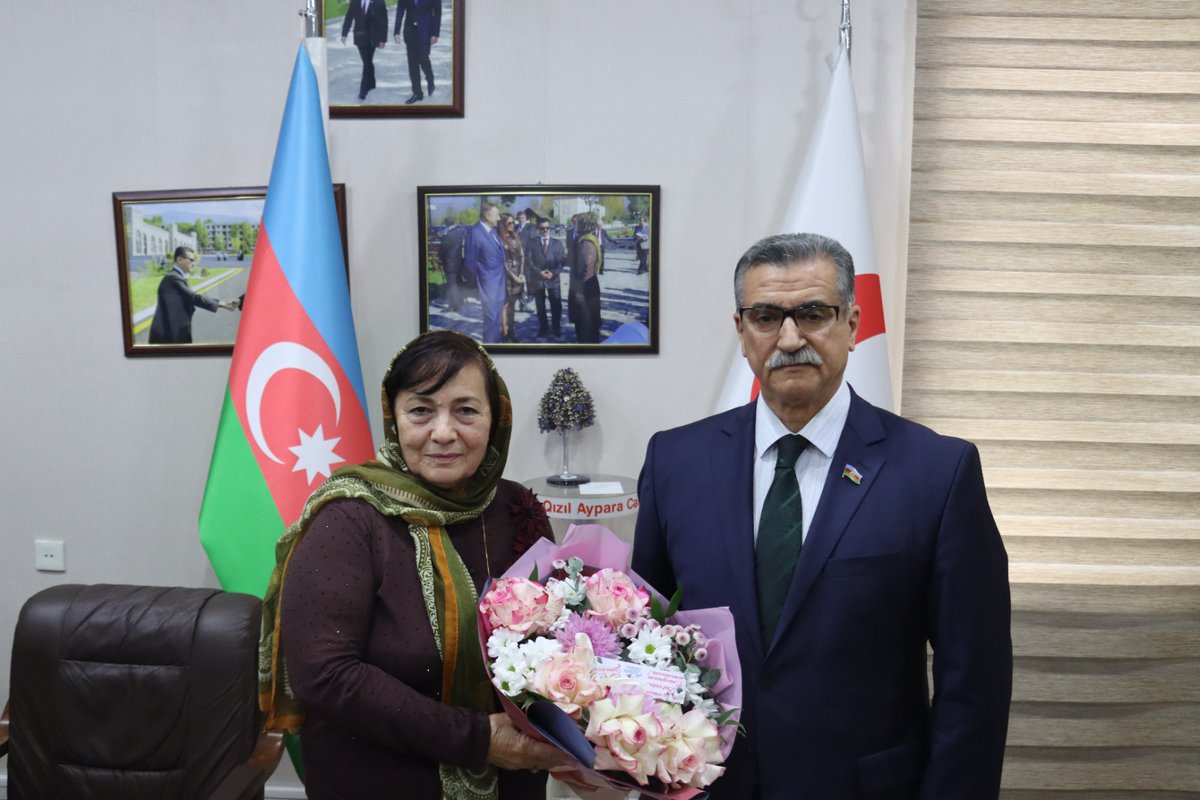 AzRedCrescent's tweet photo. On October 2, 2026, Novruz Aslanov, president of the Azerbaijan Red Crescent Society (AzRCS), along with Society staff, congratulated Deputy Executive Secretary Elshan Salimzadeh and Sona Hajiyeva—an education specialist in the AzRCS Migration Department—on their birthdays. https://t.co/pEThQT6uET