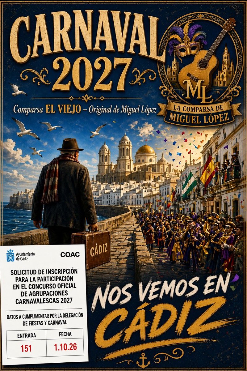 Comparsaml's tweet photo. 🎭 ¡La Comparsa de Miguel López “El Viejo” va por primera vez a Cádiz! Llegamos a la Tacita de Plata con un sueño: enamorar a Cádiz y a su gente con nuestra música, letras y ganas. Siempre desde el respeto y admiración. ❤️

Nos vemos en el Falla. 💙💛

#ElViejo #Carnaval2027 https://t.co/o6U8IsJy4d
