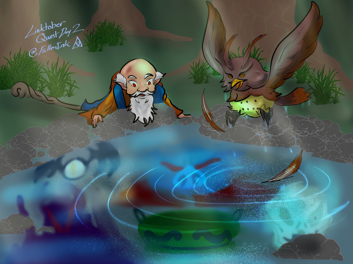 Fallen_Ink's tweet photo. Linktober Quest Day 2: Kaepora reveals a Vision. The Old Man sees Kaepora bathing in the pond until something startles Kaepora. Its a premonition of evil. #linktober #link10ber #linktober2026 #zelda #legendofzelda #nintendo #art #drawingㅤㅤ https://t.co/ibcibSeKVS
